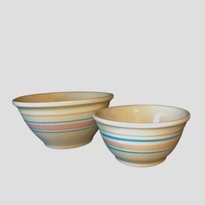 Vintage Mixing Bowl Set Cream Blue Pink Stripe Oven Ware USA Set of 2 10in/8in